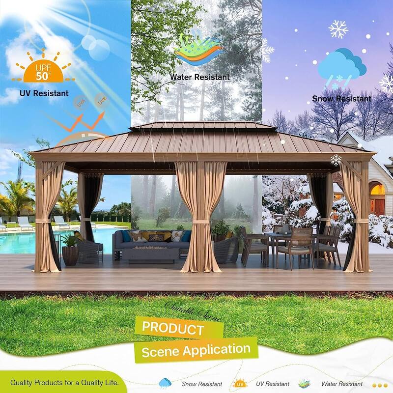 Outdoor Hardtop Gazebo, Wooden Finish Coated Aluminum Frame w Galvanized Steel Double Roof with Premium Curtains and Netting