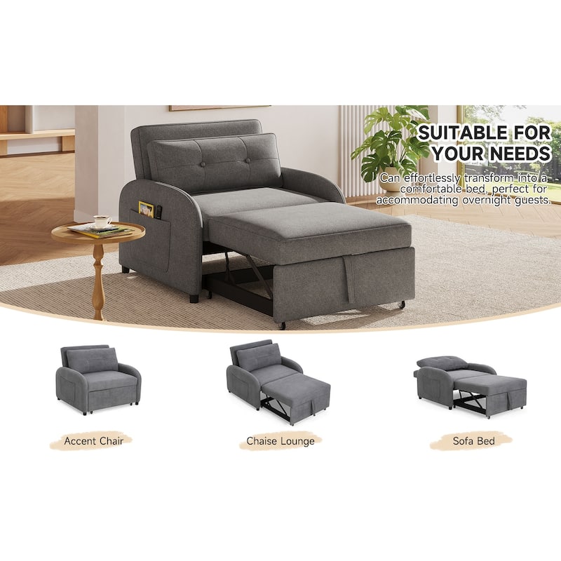 Single Sofa Bed Upholstered Sleeper Chair with Side Pocket, Convertible Chaise Lounge Pull-Out Sofa Bed with Adjustable Backrest