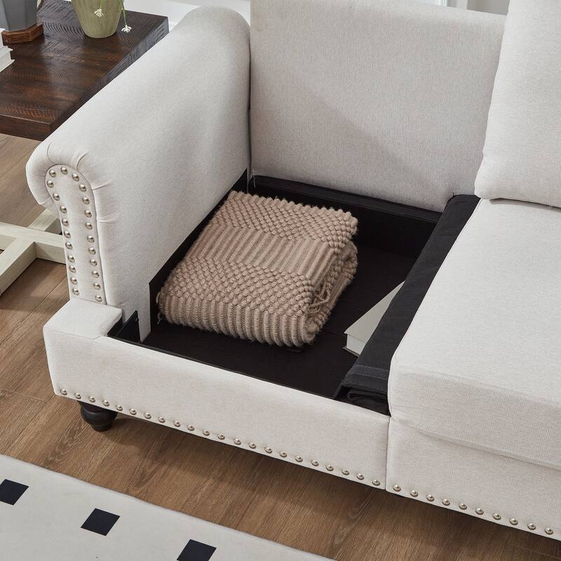 83" Beige Polyester Three Seater Sofa with Storage and Removable Cushion Covers