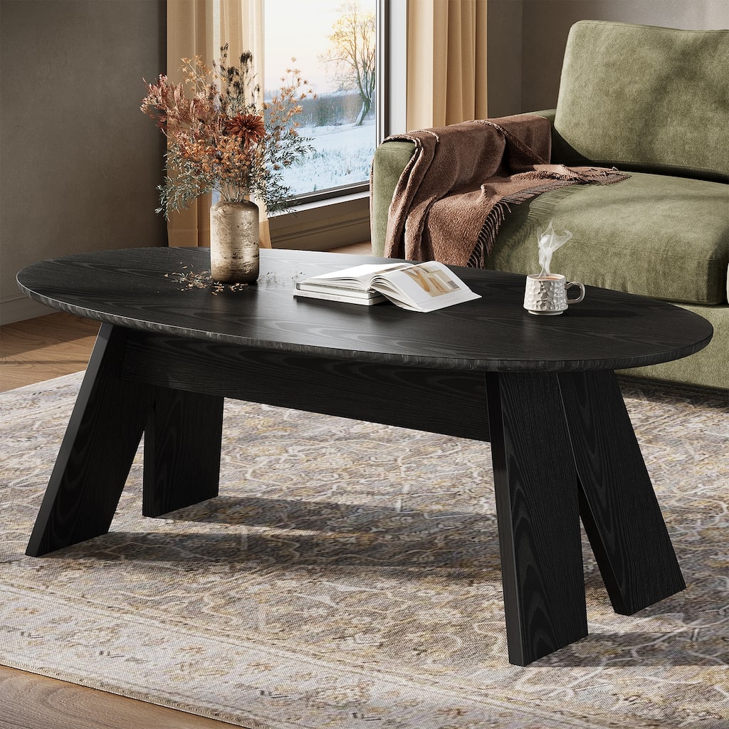 47 Inch Modern Black Oval Coffee Table for Living Room - 23.6" D x 47.2" W x 18.11" H