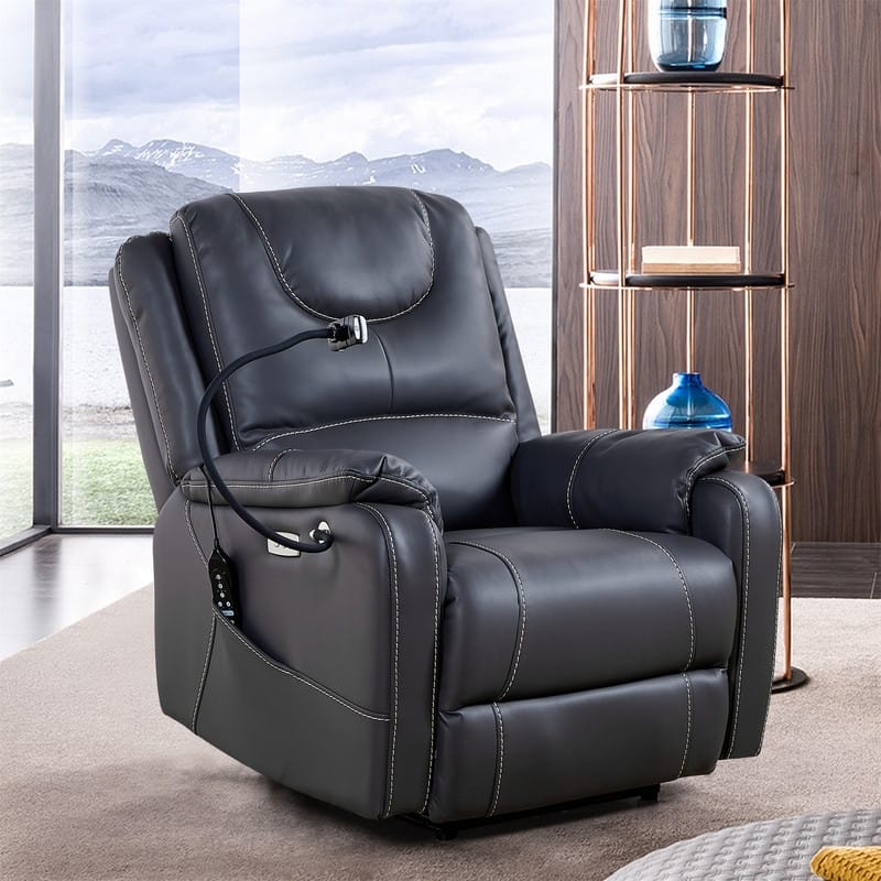 Bonded Leather Power Recliner with Comfortable Lying Degree, Massage, Heating and Phone Holder, Side Pockets, USB Charge Ports