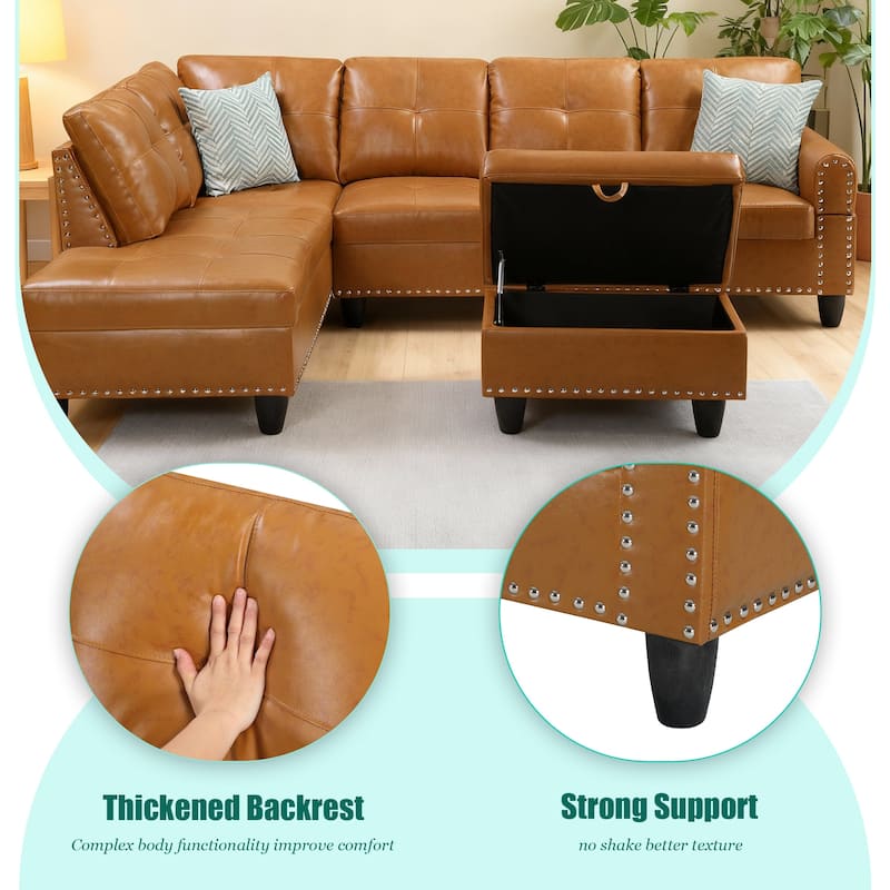 HOMEFUN Linen/Leather Upholstered L-Shaped 4-seater Multifunctional Sectional Sofa with Storage Ottoman,Cup Holder