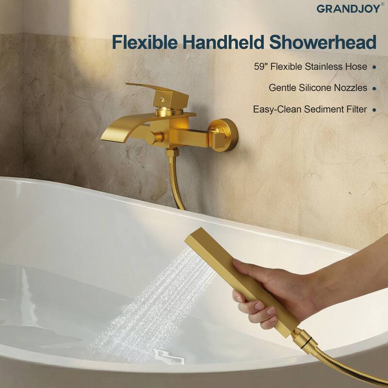 GRANDJOY Wall-mount Waterfall Bathtub Faucet with Handheld Shower