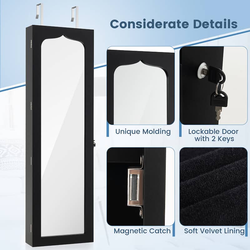 Gymax Wall Door Mounted LED Mirror Jewelry Cabinet Lockable Armoire