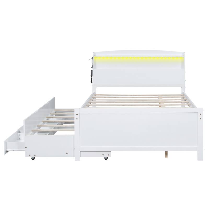 White Full Size Storage Platform Bed with LED Headboard, Twin Trundle and 3 Drawers