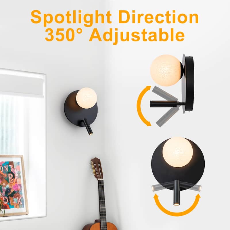 Black Dual-Light Wall Sconce with Textured Moon Glass Globe Modern