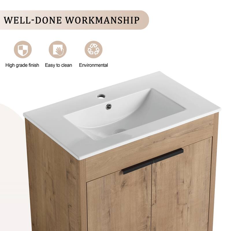 Freestanding Bathroom Vanity with Ceramic Sink, Adjustable Shelf, Metal Handles, Soft Closing Hinges - 30in L Plywood