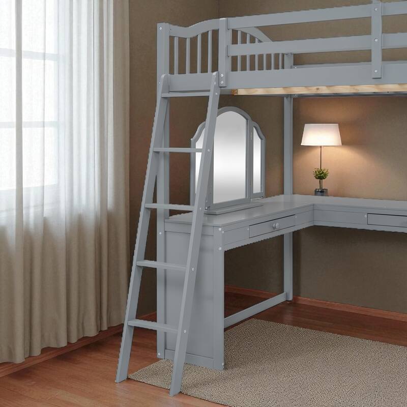 Full Size Wooden Loft Bed with U-Shaped Desk, 4 Compartments, 2 Drawers and Tri-Fold Mirror