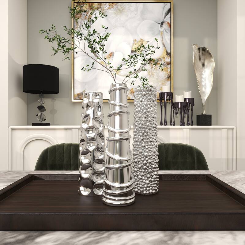 CosmoLiving by Cosmopolitan Sleek Ceramic Glam Vase with Varying Patterns (Set of 3) - Silver, Gold, Dark Blue, White