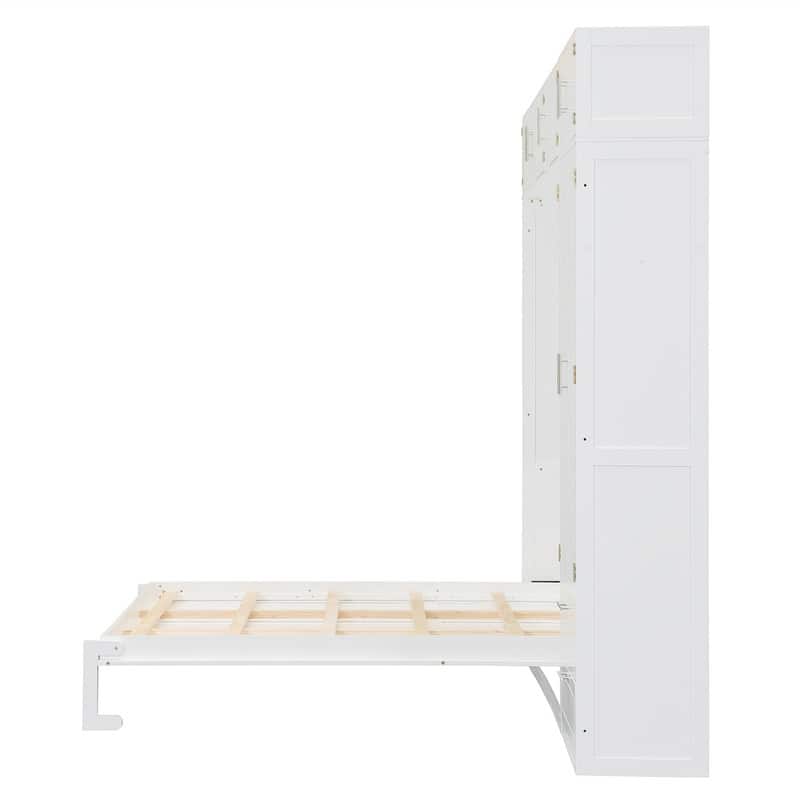 Queen Size Murphy Bed Wall Bed with Wardrobe, Top Cabinets and Storage Shelves, Foldable Murphy Cabinet Bed with 2 Drawers