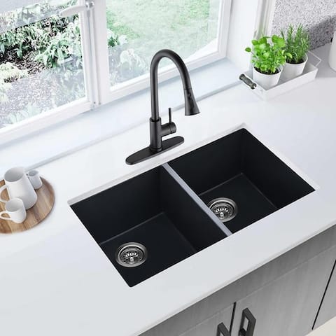 32 in. W x 18 in. D Undermount Quartz Kitchen Sink With Faucet - 32 x18