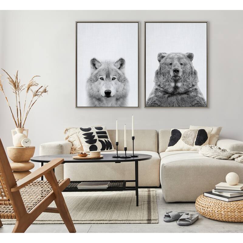 Kate and Laurel Sylvie Wolf Black and White Portrait Framed Canvas Wall Art by Simon Te Tai, 18x24 Gray