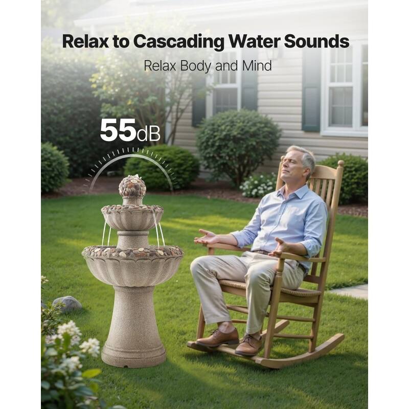 Rock Grey Resin Garden Water Fountain with Splash-Proof Design for Yard Decor - 18.90 x 18.90 x 36.50 in