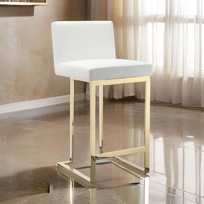 Boly 26 Inch Counter Stool, Cushioned White Faux Leather, Gold Cantilever