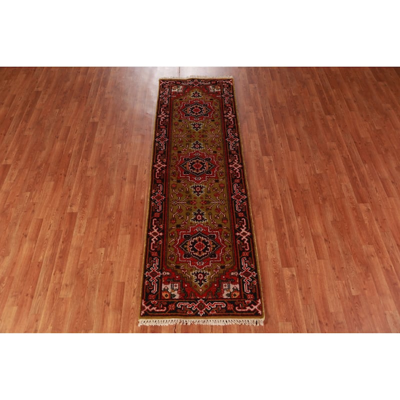 Hand Knotted Oriental 100% Wool Carpet Traditional Geometric Yellow & Gold Heriz (serapi) Runner Rug - 7' 11'' X 2' 7''