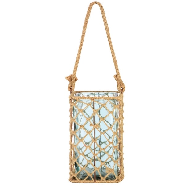 9.5" Decorative Teal Glass and Jute Square Pillar Candle Holder with Handle - N/A