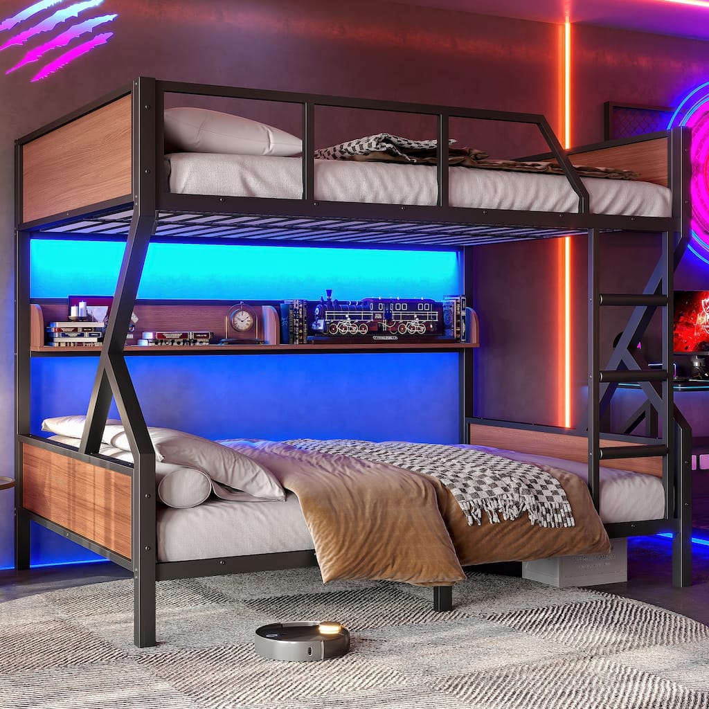 Full over Full Bunk Bed, Metal Bunk Bed with Storage Shelves and Lights, Space-saving & Noise-free Design, Black
