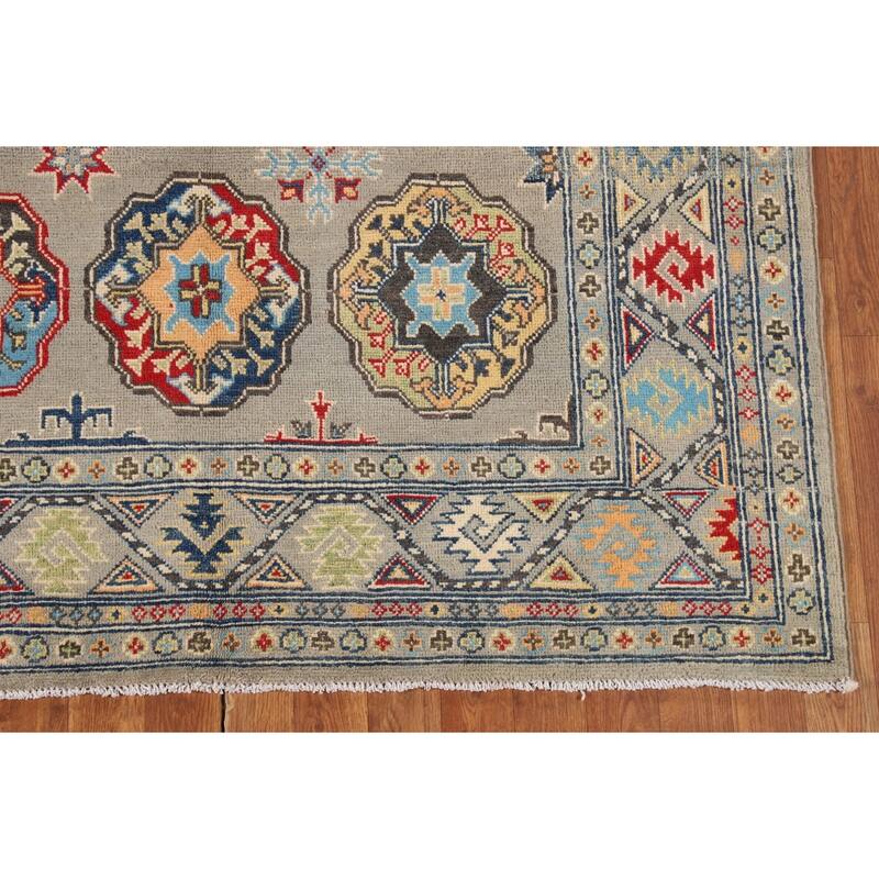 Geometric Grey Kazak Oriental Area Rug Handmade Wool Carpet - 4'10" x 6'11"