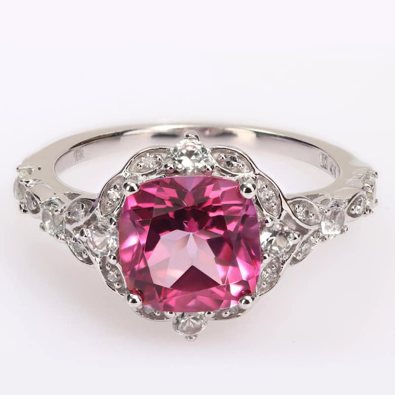 Miadora 10k White Gold Cushion-cut Pink Topaz White Sapphire and Diamond Accent Vintage Ring
