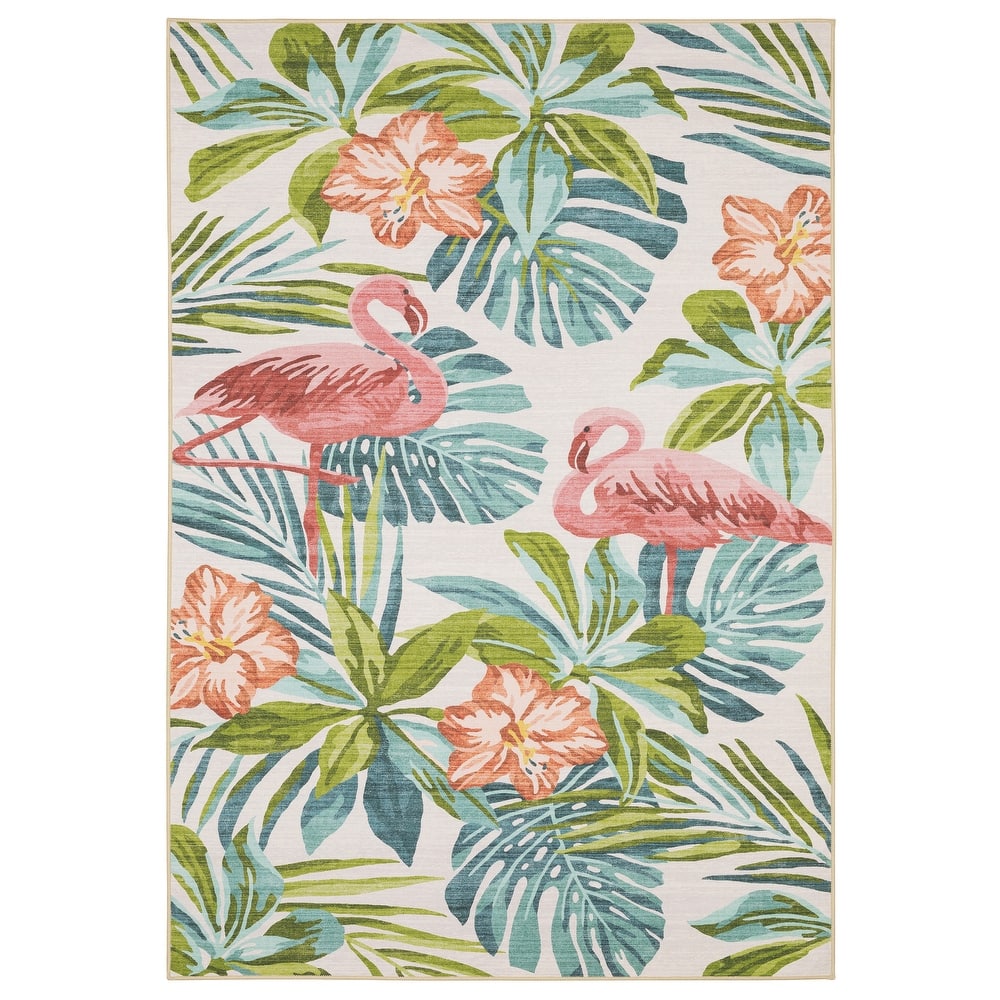 Style Haven Flores Flamingo Palms Salmon/Blue Indoor-Outdoor Washable Rug