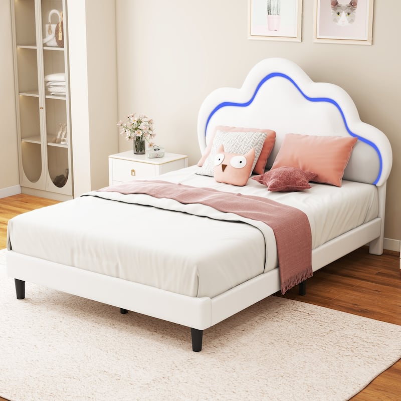 Moasis PU Adjustable Cloud Headboard Bed Frame Platform with LED - White - Queen
