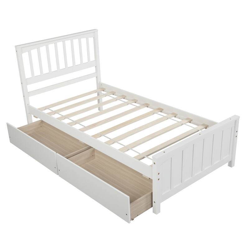 Twin Size White Platform Bed with Two Drawers, Sturdy Pine Wood Frame