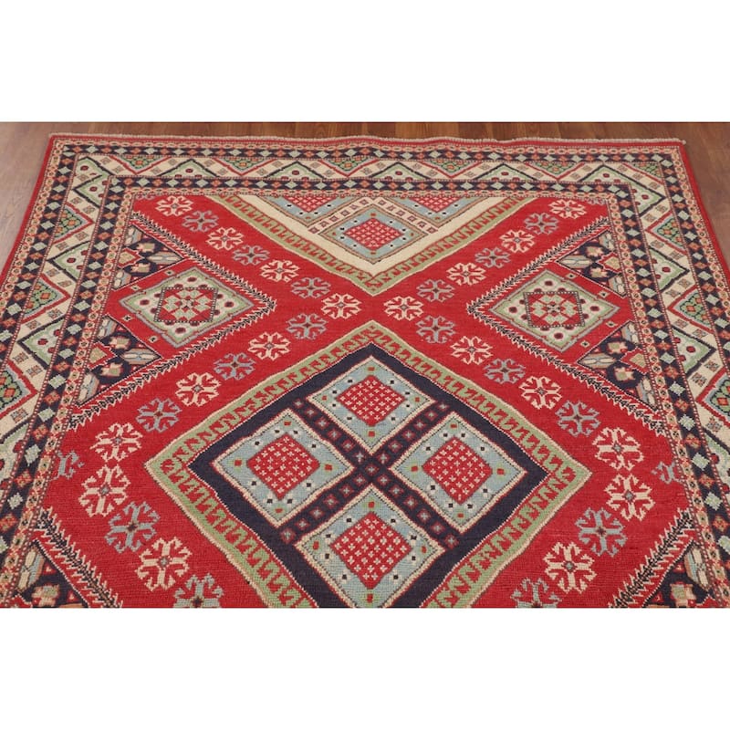 Geometric Kazak Area Rug Hand-Knotted Oriental Wool Carpet - 4'10" x 6'6"