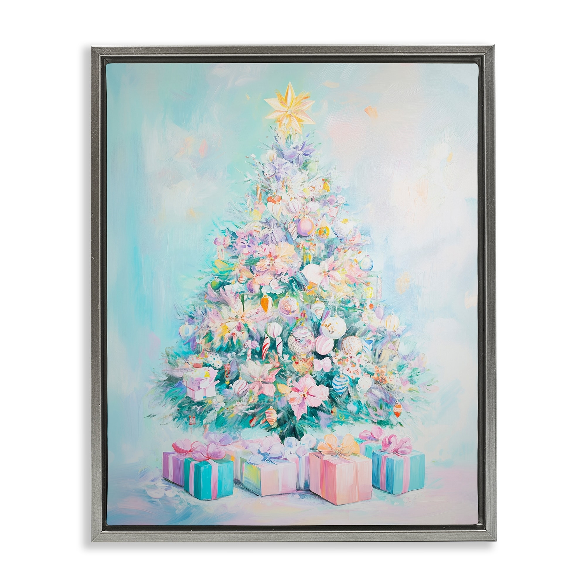Stupell Pastel Christmas Tree on Blue Framed Floater Canvas Wall Art Design By Arlington Prints