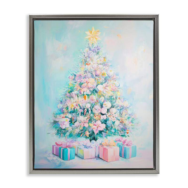 Stupell Pastel Christmas Tree on Blue Framed Floater Canvas Wall Art Design By Arlington Prints - 25 x 31 - Grey