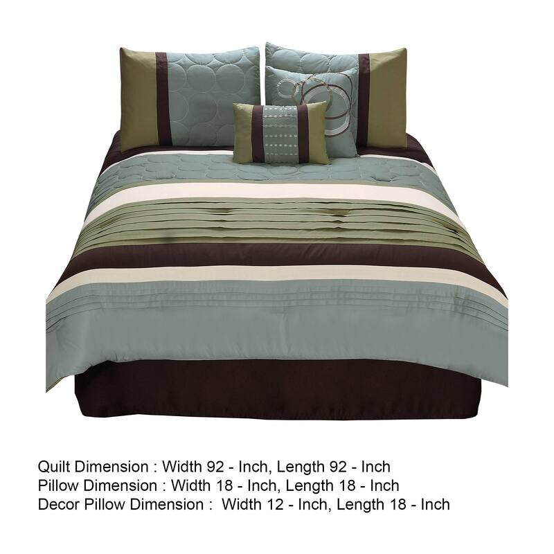 6 Piece Queen Comforter Set with Pleats and Embroidery, Green and Blue