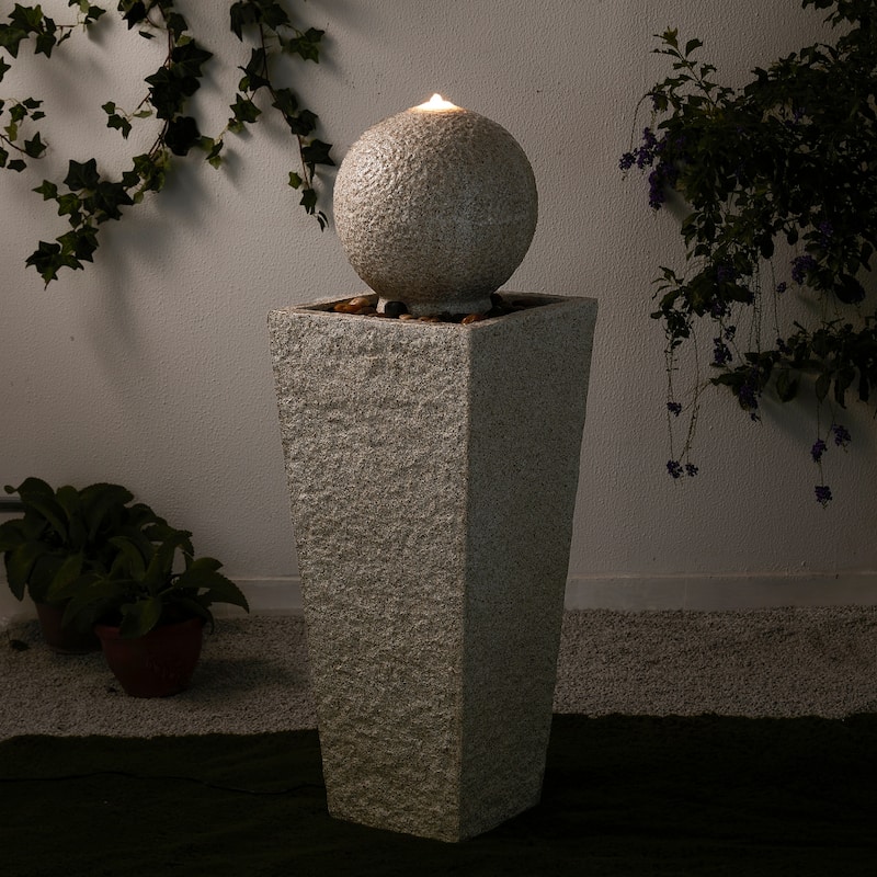 Glitzhome 40.25"H Floating Pedestal Sphere Oversized LED Polyresin Fountain with Pebbles - White