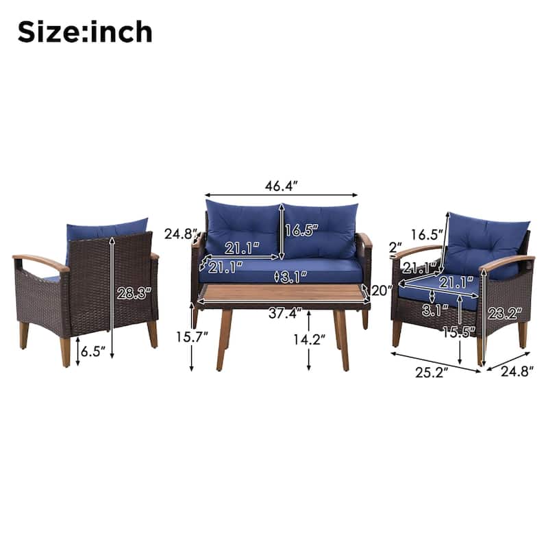 4-Piece Garden Furniture, Patio Seating Set, PE Rattan Outdoor Sofa Set, Wood Table and Legs, Brown and Blue