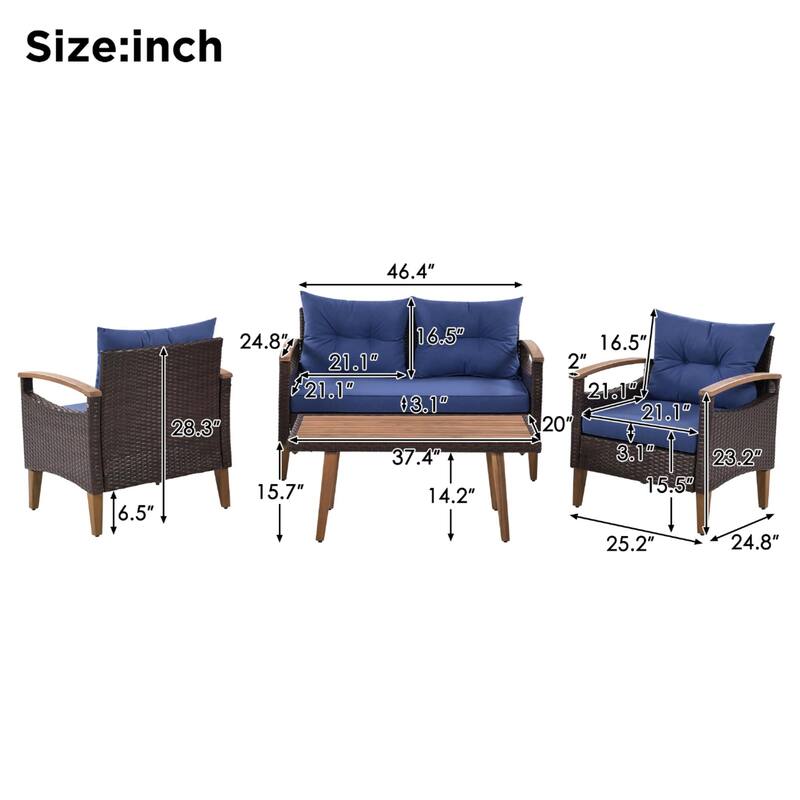 4 Piece Outdoor Sofa Set, All Weather PE Rattan Garden Furniture Set with Acacia Wood Dining Table and Armrest Chairs