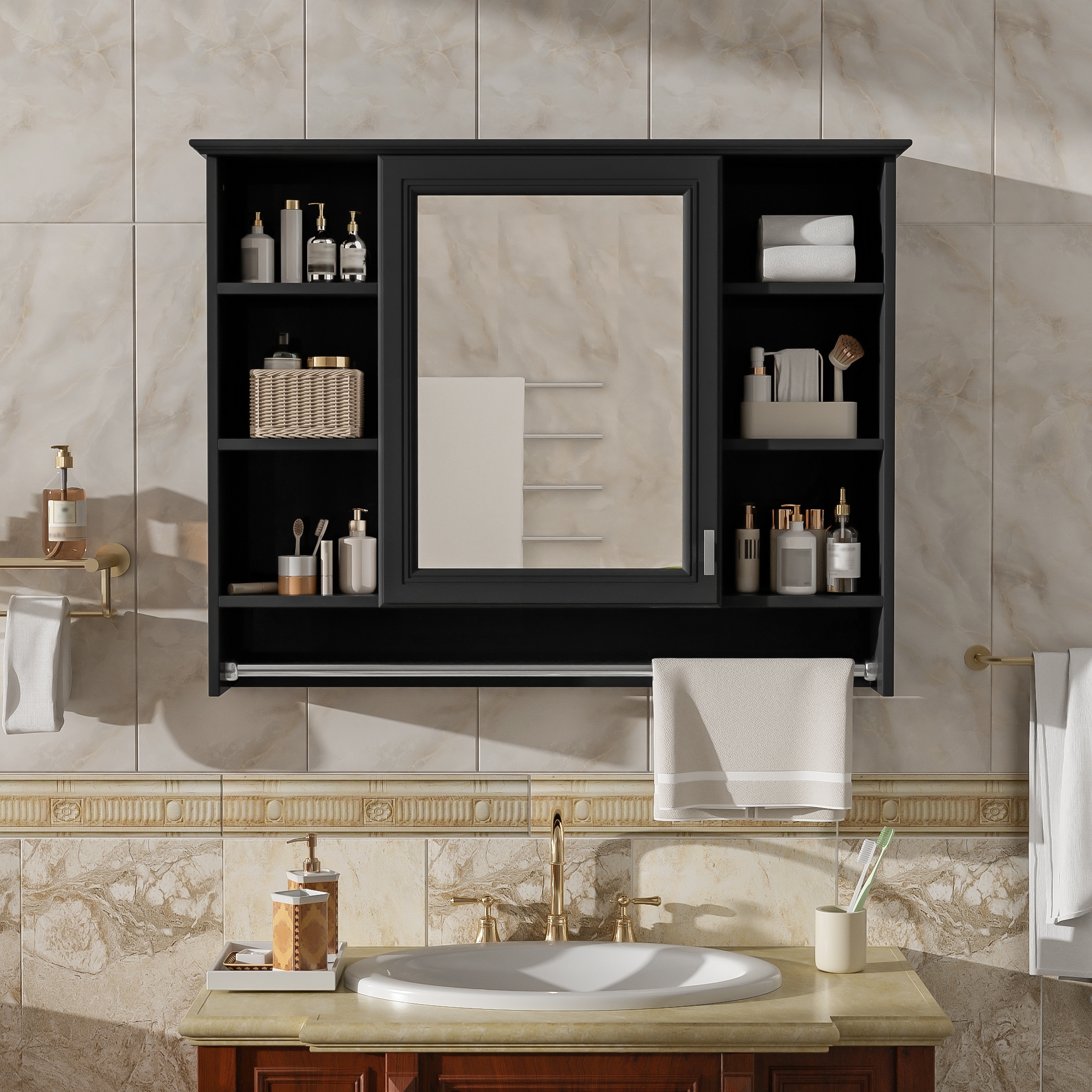 Ashbourne 36" Modern Wall-Mounted High-Define Mirror Cabinet with Adjustable Shelves, Soft-Close Door & Towel Bar by GDFStudio