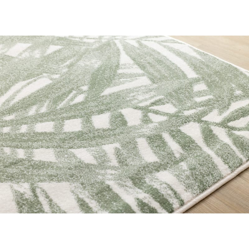 Green White Palm Branch Design Living Room Rug