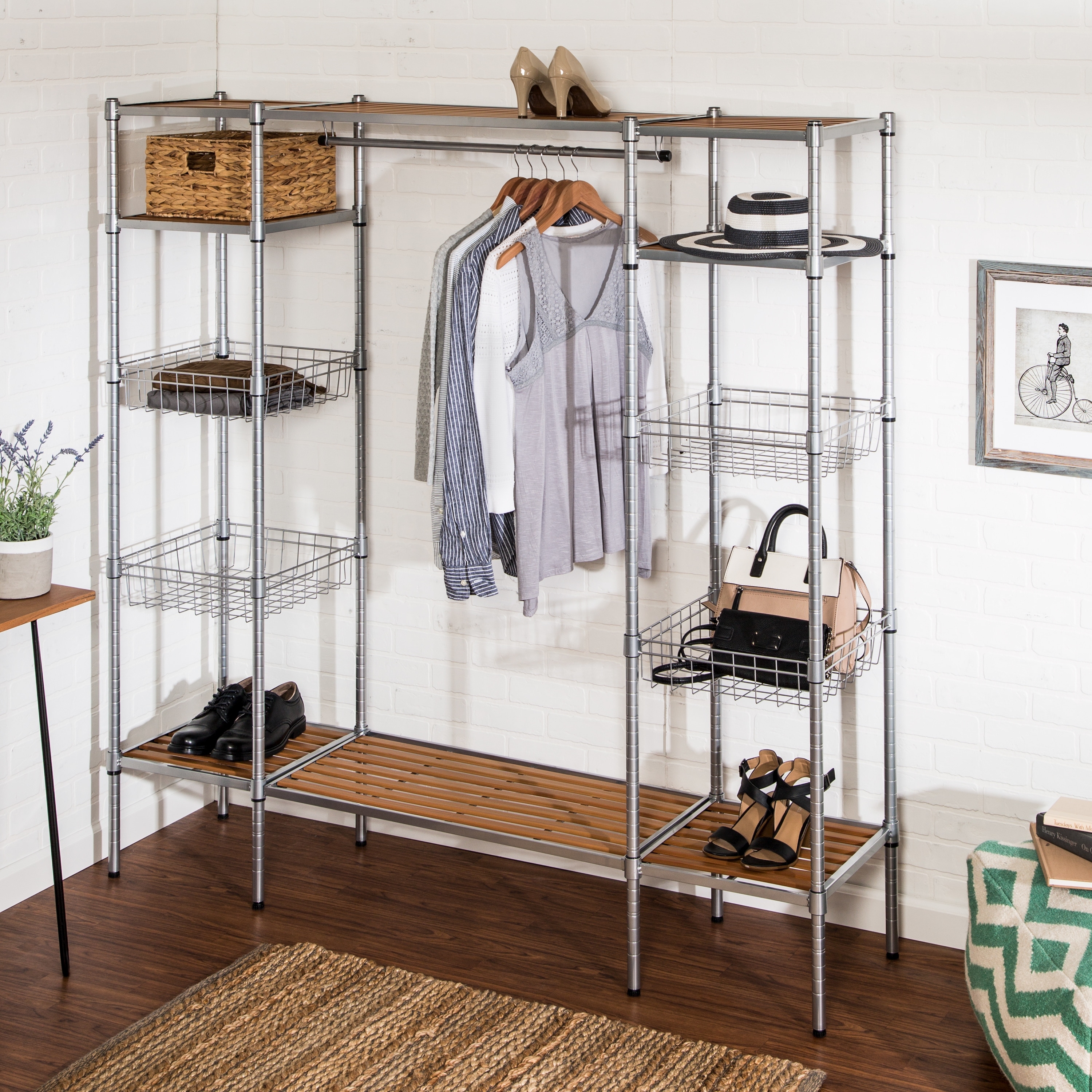Silver and Brown Freestanding Closet With Clothes Rack and Shelves