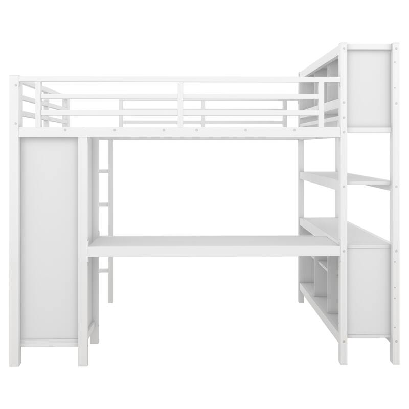 Full Size Metal Loft Bed with Wardrobe, L-shaped Desk, and Storage Shelves, White