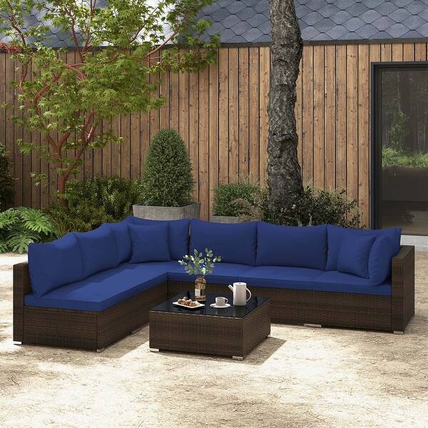 7 PCS Patio Rattan Furniture Set Outdoor Conversation Set w/ Cushions