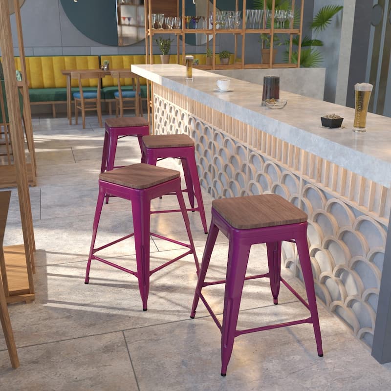4 Pk. 24" High Backless Counter Height Stool with Square Wood Seat