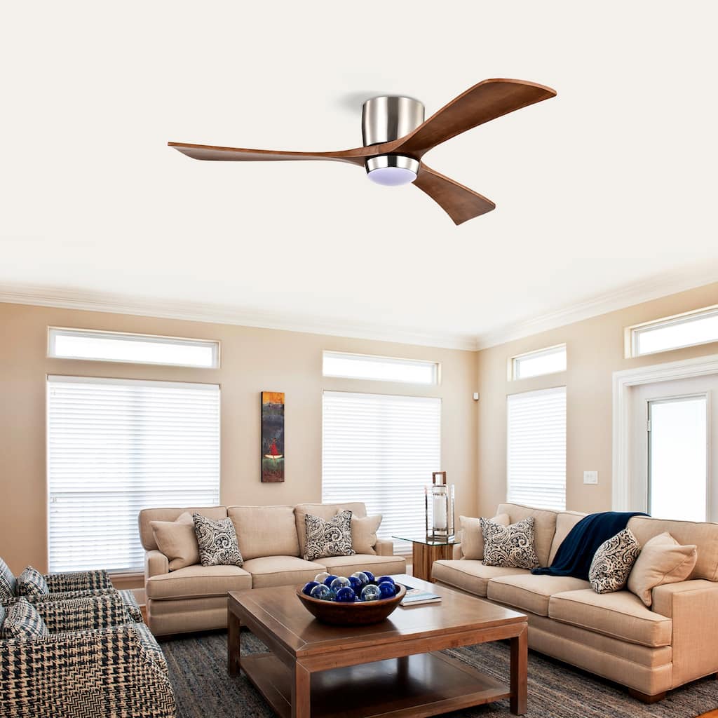 52" Flush Mount Solid Wood Blades Ceiling Fan with Lights Remote Control, Quiet DC Motor, 6 Speed, Reversible Ceiling Fan