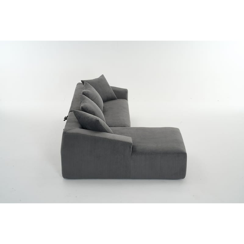 Grey Compression Sofa: Chaise Longue with 3 - Seater, Corduroy Fabric, Full Sponge, 4 Pillows