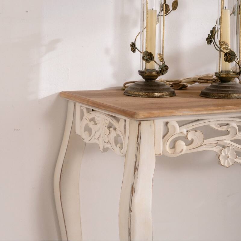 Antique White Console Table with Carved Details, Distressed Console Table,Entry Table with Wood Carvings and Curved Legs