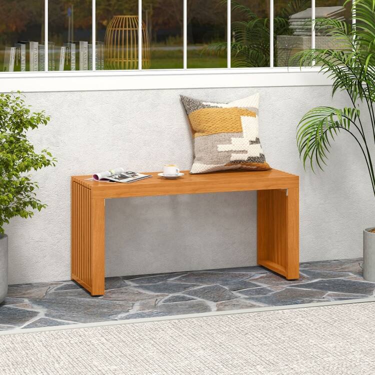 Teak Acacia Wood Outdoor Bench 36 inches Slatted Backless Patio Seating - 36” x 13” x 17.5”