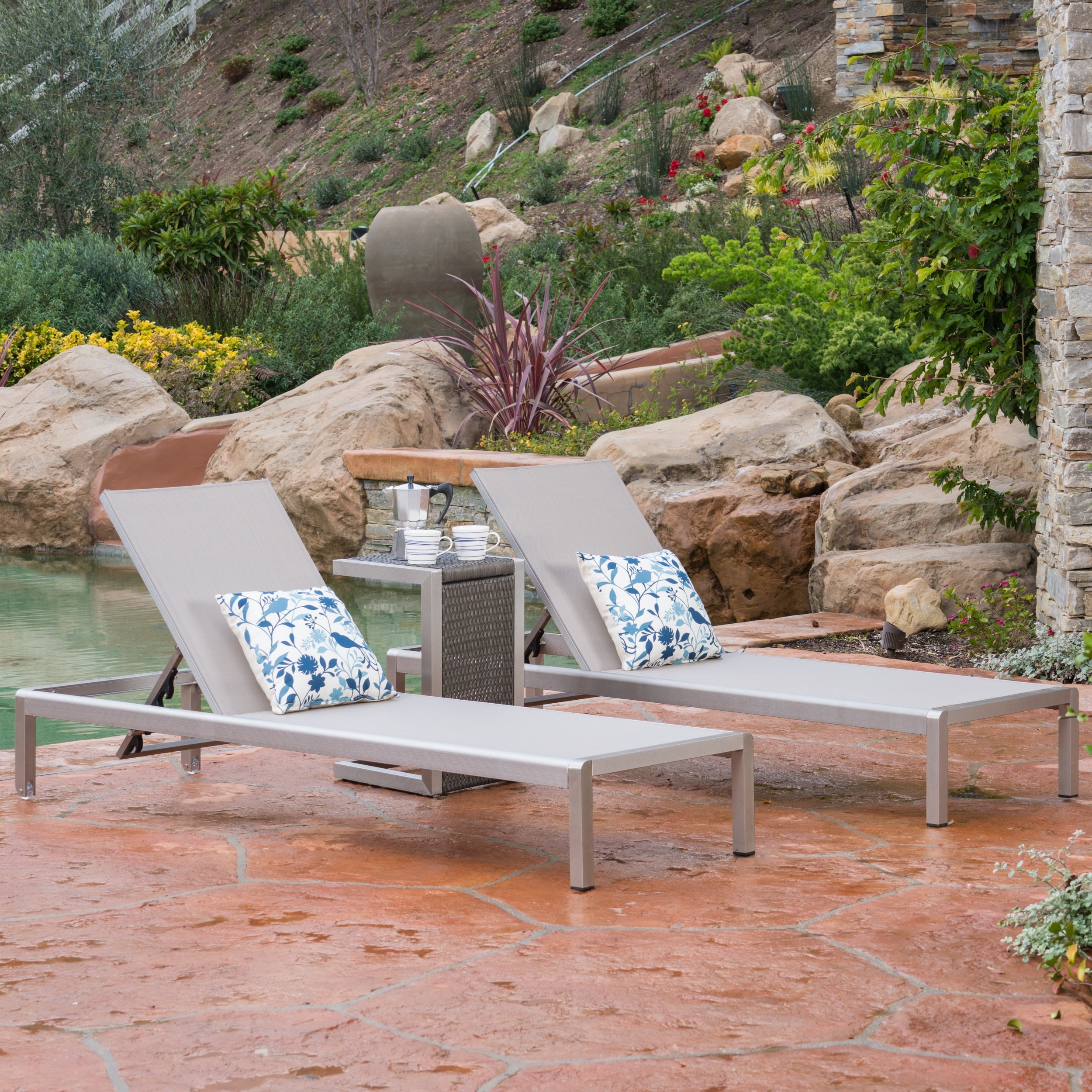 Cape Coral Mesh and Aluminum 3 piece Chaise Lounge with End Table Set by Christopher Knight Home
