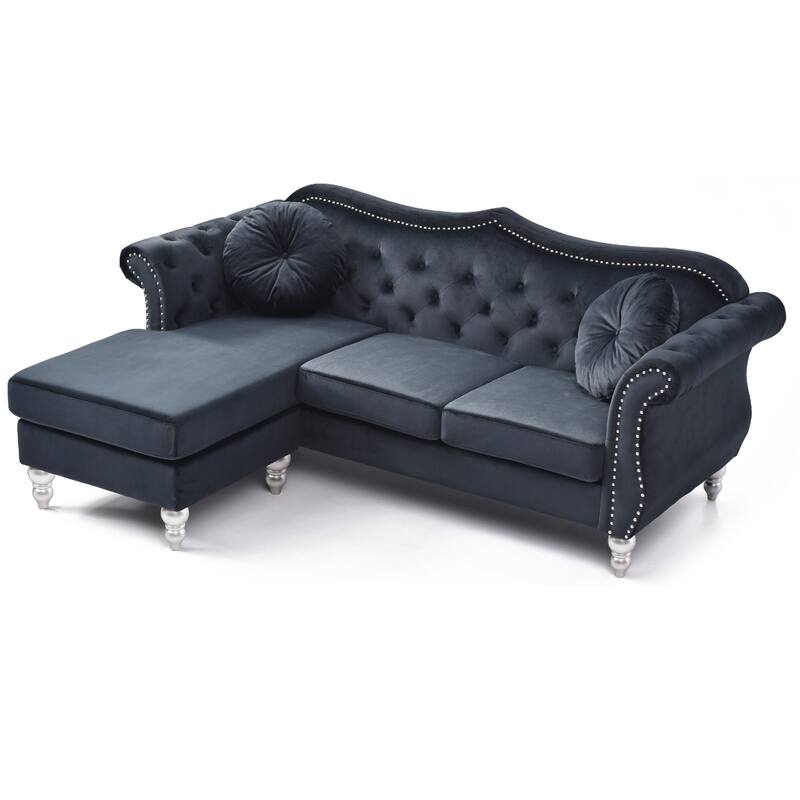 Tufted Velvet Chesterfield Sectional Sofa with Throw Pillows - 81" - Black