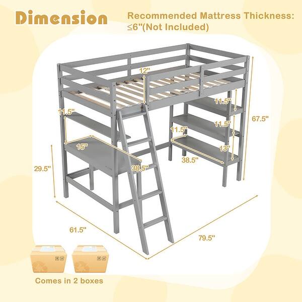 dimension image slide 1 of 2, Gymax Twin Size Solid Wood Loft Bed w/ Desk & Bookshelves Ladder &