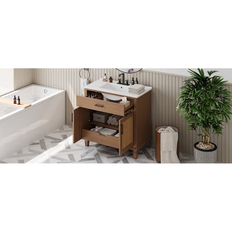36 Inch Rattan Door Bathroom Vanity with Ceramic Sink Combo