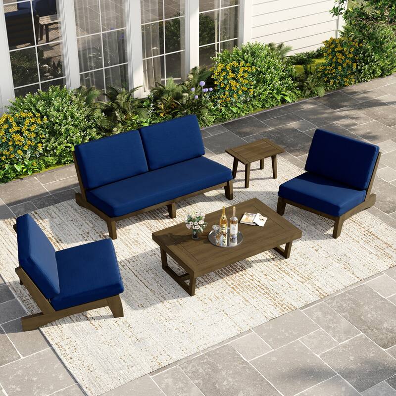 Casual Teak Wood 5-Piece Outdoor Patio Conversation Set - Natural Wood - Navy