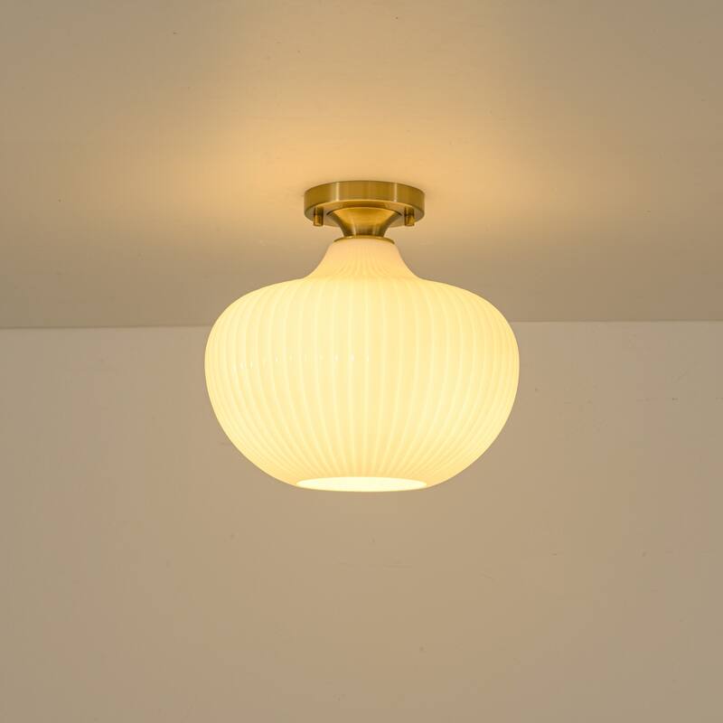 1-Light Modern Elegant Ribbed Glass Flush Mount with Brushed Brass/Matte Black Finish for Bedroom & Foyer - 11.8 in. W x 12.2 in. H - Gold