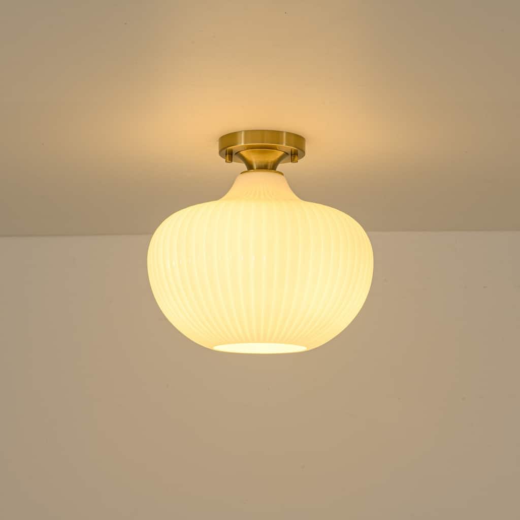 1-Light Modern Elegant Ribbed Glass Flush Mount with Brushed Brass/Matte Black Finish for Bedroom & Foyer